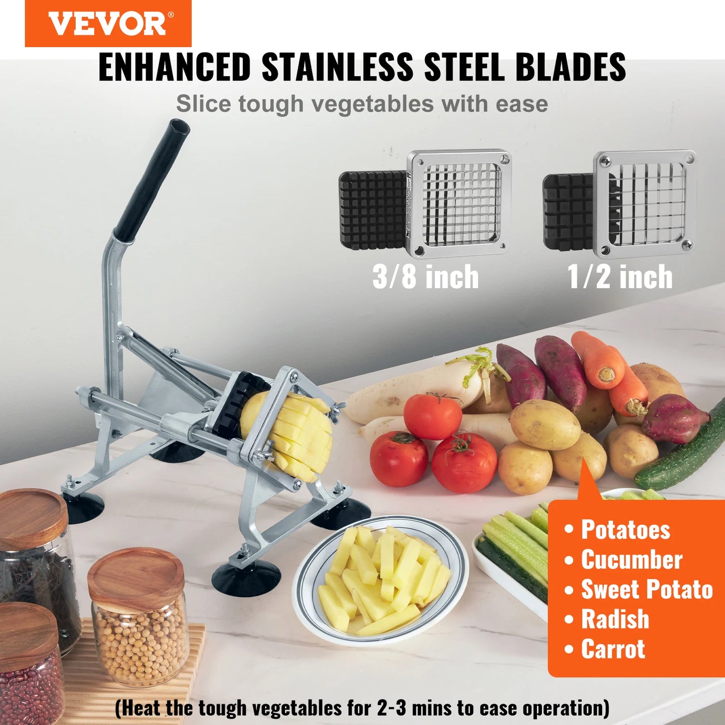 VEVOR French Fry Cutter Potato Slicer with 1/2-Inch and 3/8-Inch Stainless Steel Blades Manual Potato Cutter Chopper