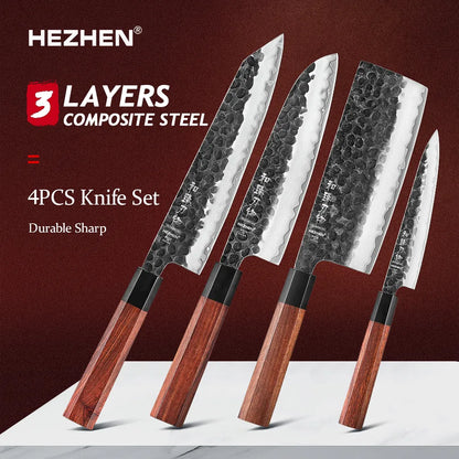 HEZHEN 1-4PC Kitchen Knife Set Chef Utility Stainless Steel 3 Layers Composite Steel Santoku Nakiri Kitchen Accessories