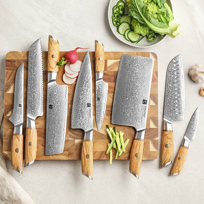 XINZUO 1-8pcs Kitchen Knife Set 73 Layers Custom Damascus Steel 15°±1 Per Side Steel Blade with Olive Wood Handle