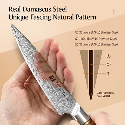 XINZUO 1-8pcs Kitchen Knife Set 73 Layers Custom Damascus Steel 15°±1 Per Side Steel Blade with Olive Wood Handle